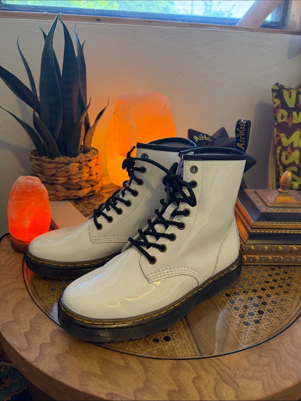 Dr. Martens White Patent Lace-Up Combat Boots with Black Trim